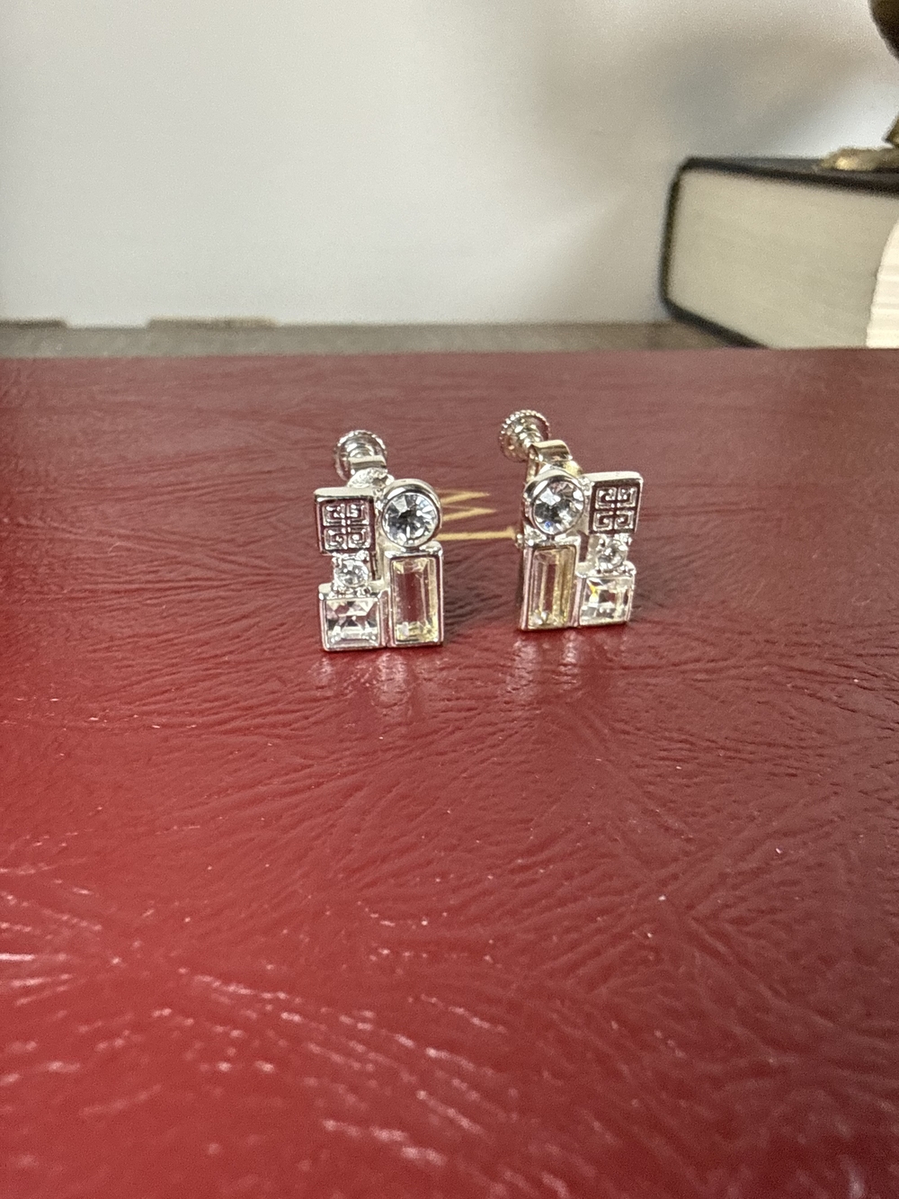 Vintage Givenchy Silver Tone 4G Logo Geometric Crystal Mosaic Screw Back Clip-On